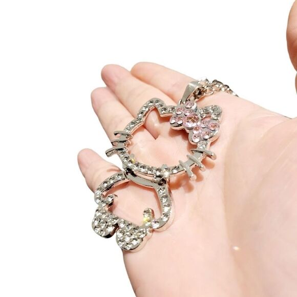 Brand New Silver Rhinestone With Pink Ribbon Hello Kitty Necklace - Picture 4 of 8